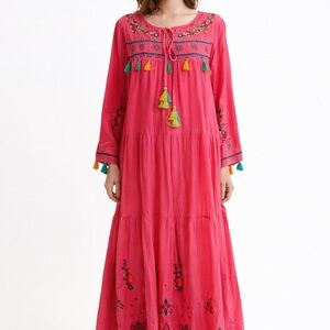 Bohemian Pink Embroidered Long Sleeve Maxi Dress